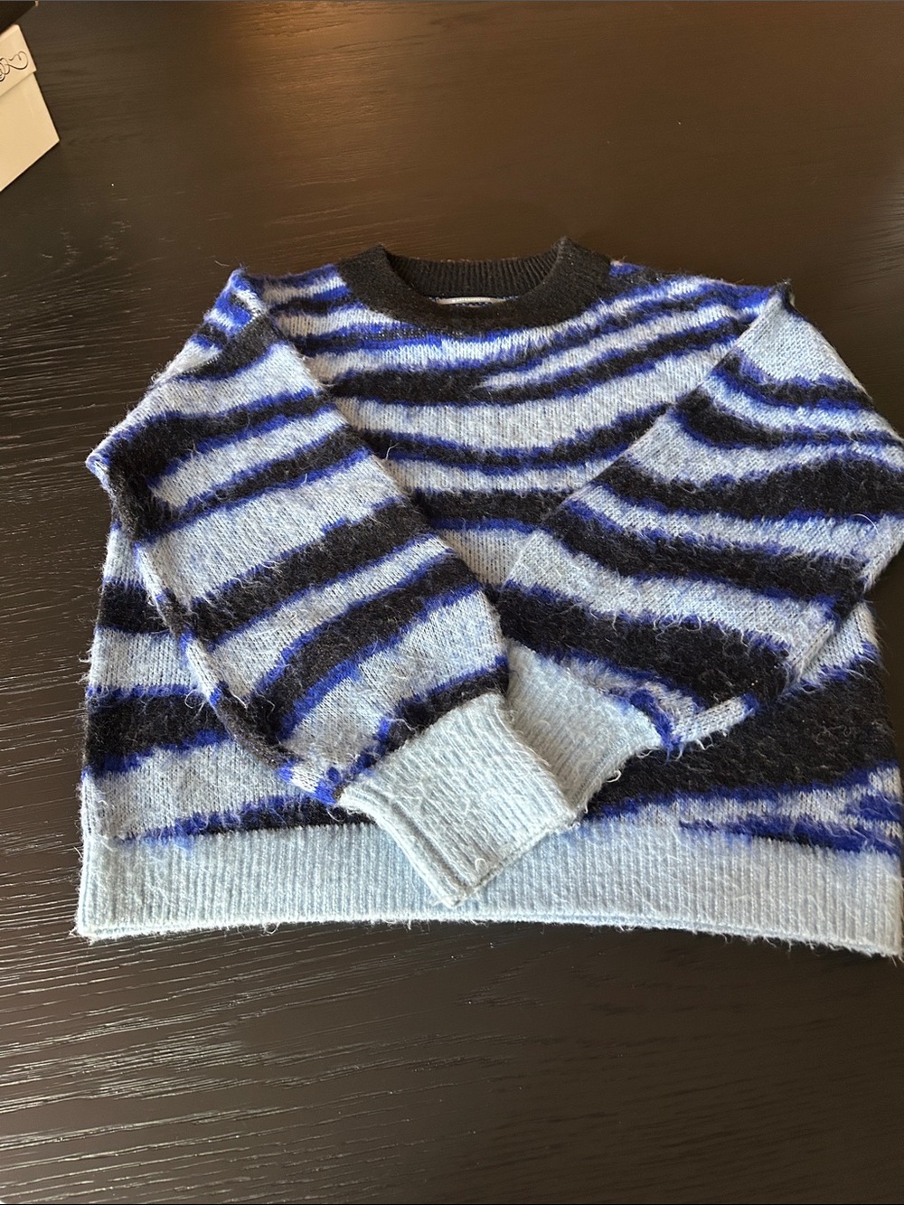 Anthropologie Light Blue, Black & Royal Blue Striped Fuzzy Sweater